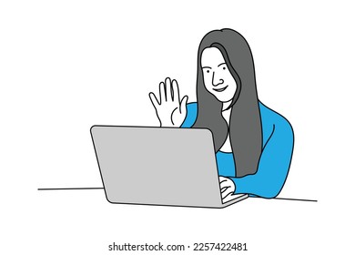 Illustration of a girl saying hello laptop use line art vector white background