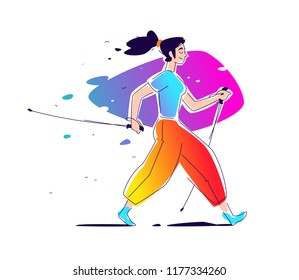 Illustration of the girl Scandinavian walking. The flat vector. Hiking in nature. The illustration is isolated on a white background. Scandinavian walking with sticks. Athletic way of life. Summer.