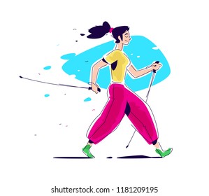Illustration of the girl Scandinavian walking. The flat vector. Hiking in nature. The illustration is isolated on a white background. Scandinavian walking with sticks. Athletic way of life. Summer.