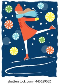 Illustration of girl in scarf ice skating in winter.