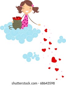 Illustration of a Girl Scattering Little Hearts Around