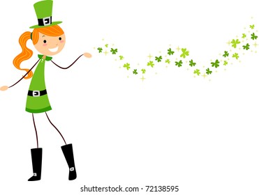 Illustration of a Girl Scattering Shamrocks