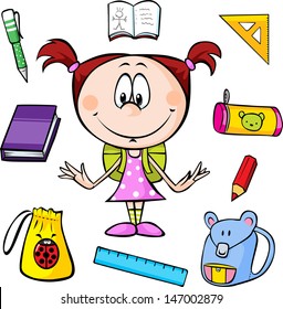 illustration of a girl with school supplies on a white background 