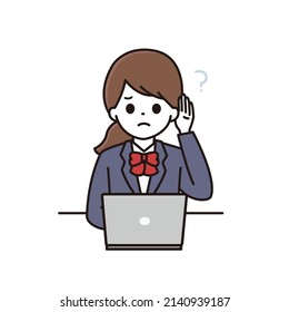 Illustration of a girl in school uniform with deafness to hear back in an online class