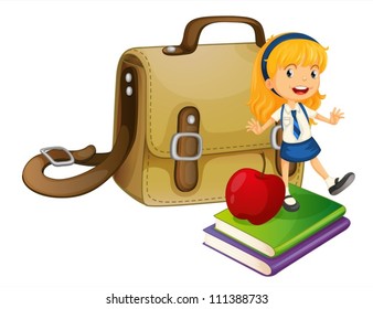 Illustration of a girl and a schoolbag