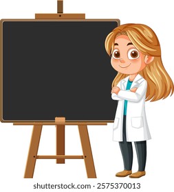 Illustration of a girl scientist beside a chalkboard