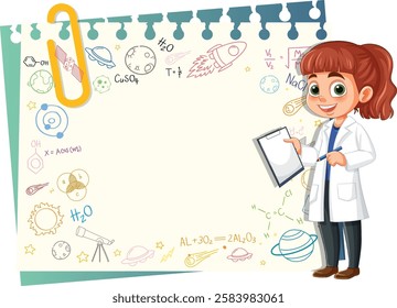 Illustration of a girl scientist with science symbols