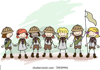 Illustration Of Girl Scouts In A Line