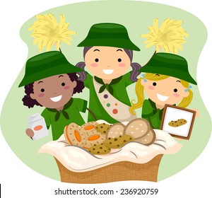 Illustration of Girl Scouts Selling Girl Scout Cookies