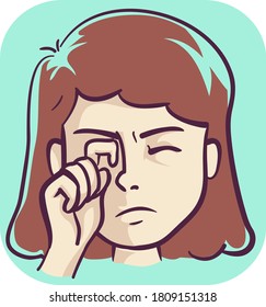 Illustration of a Girl Scratching Her Itchy Right Eye, Pink Eye Symptom