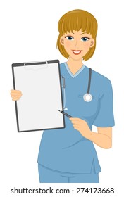 Illustration of a Girl in scrubs pointing to a blank Clipboard