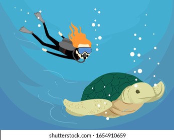 Illustration of a Girl Scuba Diving and Looking at a Sea Turtle Swimming Under the Sea