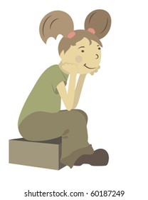 illustration girl seated on a box with tails hair