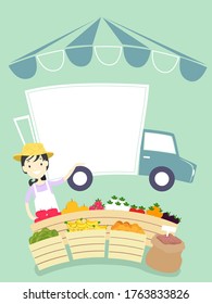 Illustration of Girl Selling Vegetables in a Farmers Market and a Truck with Blank Board