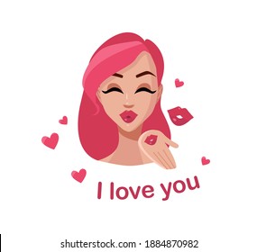 Illustration of a girl sends an air kiss. Text I love you. Sticker.	