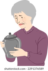 Illustration of Girl Senior Woman Crying while Holding an Urn with Ashes