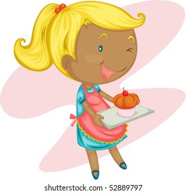 Illustration of a girl serving pastry on a white background