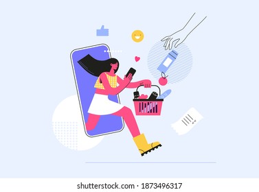 illustration of a girl shop online using smartphone. E-commerce and online shopping. Using mobile smartphone for online shopping and payment.