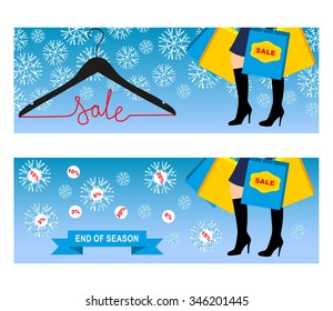 illustration of girl with shopping bags, seasonal discounts