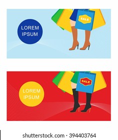 illustration of girl with shopping bags, seasonal discounts