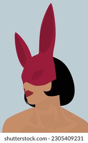 Illustration of a girl with short dark hair wearing a pink bunny mask. Design for avatars, posters, backgrounds, templates, banners, textiles, postcards.