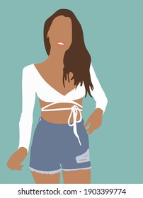 Illustration of a girl in shorts. Girl with a handbag. Fashionable girl. Girl in sunglasses.