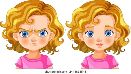 Illustration of girl showing anger and happiness.