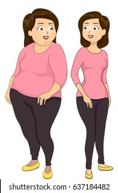 Illustration of a Girl Showing Weightloss Using a Before and After Comparison