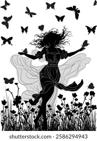 illustration with girl silhouette with butterflies isolated on white background