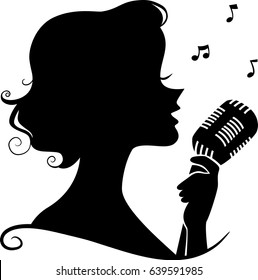 Illustration of a Girl Silhouette Holding a Retro Microphone Singing a Song