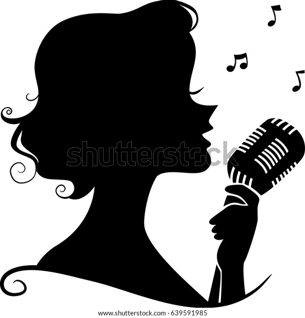歌を歌うレトロなマイクを持つ女の子のシルエットのイラスト のベクター画像素材 ロイヤリティフリー