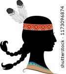 Illustration of a Girl Silhouette Wearing a Native American Headdress and Clothes with Braided Hair