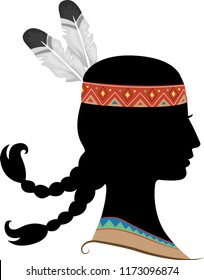 Illustration of a Girl Silhouette Wearing a Native American Headdress and Clothes with Braided Hair