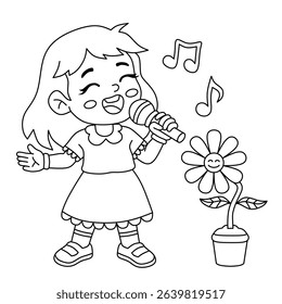 Illustration of a girl singing happily and joyfully with sunflowers. Black and white sketch for children's coloring book