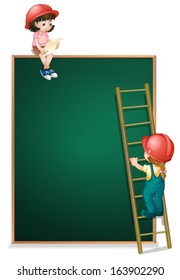 Illustration of a girl sitting above the empty board and a girl climbing the ladder on a white background