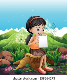 Illustration of a girl sitting above a stump with a notebook