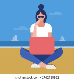 Illustration of a girl sitting in a beach and working on her laptop