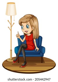 Illustration of a girl sitting at the blue couch on a white background