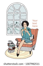 Illustration with a girl sitting in a chair with a Cup of coffee in a cozy interior near a round window