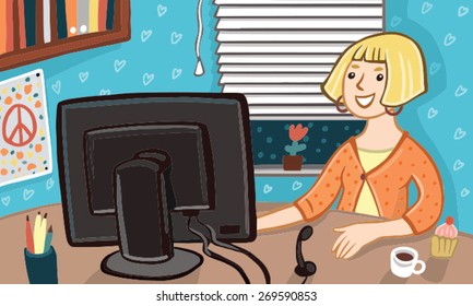 illustration: girl sitting at the computer