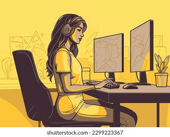Ilustración de una niña sentada en una ilustración de un vector de computadora