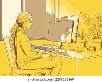 Illustration of girl sitting at computer vector illustration art