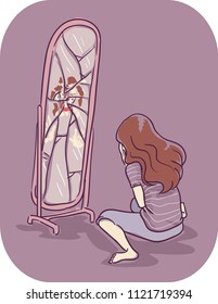 Illustration of a Girl Sitting Down Crying and Hating Herself after Punching the Mirror