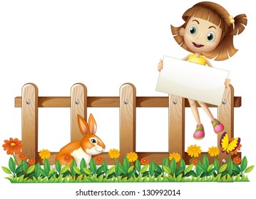 Illustration of a girl sitting at the fence with an empty board on a white background