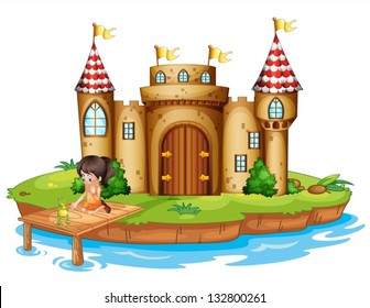 Illustration of a girl sitting with a frog in front of a castle on a white background