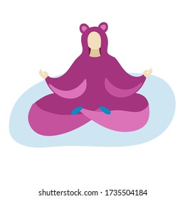 
Illustration of a girl sitting in a lotus position on the floor and meditating at home in pajamas; relaxing at home, spending time at home concept, vector illustration in a flat style