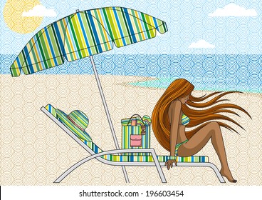 Illustration of a girl sitting on the beach chair under the beach umbrella on the beach.