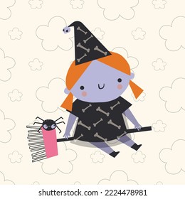 illustration of a girl sitting on a broomstick.  vector witch with a spider sits on a broom, back background with multiple clouds.  halloween illustration for posters, holiday themed decorations
