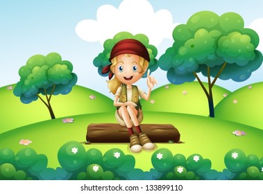 Illustration of a girl sitting on the trunk at the hill