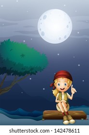Illustration of a girl sitting on a wood in a moonlight scenery